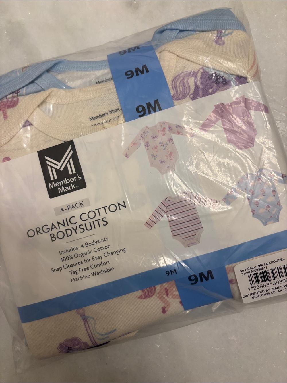 Member's Mark Organic Cotton Baby Bodysuits - 9M Unicorn Print (4-Pack)